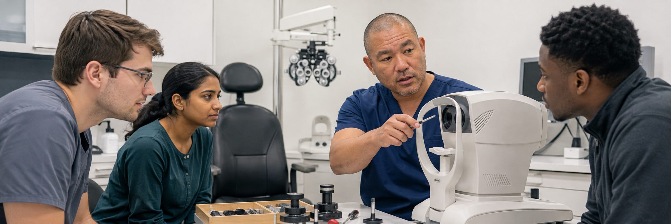 Ophthalmic equipment service and calibration | BiomedRx HTM services Ophthalmic equipment service on an autorefractor and phoropter in an eye clinic