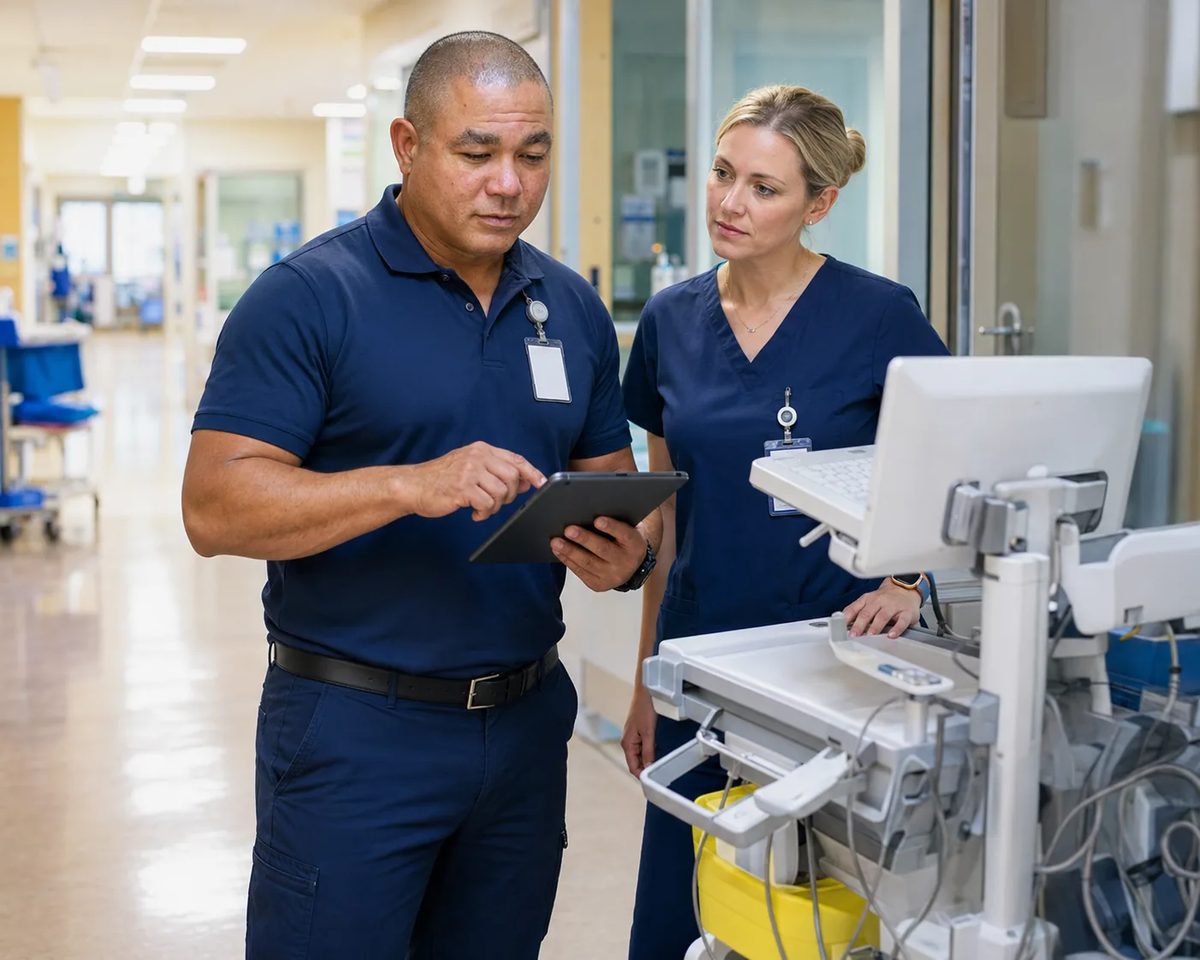 Biomedical equipment technician reviewing a tablet with a nurse beside a mobile clinical workstation in a hospital corridor Biomedical equipment technician reviewing a tablet with a nurse beside a mobile clinical workstation in a hospital corridor