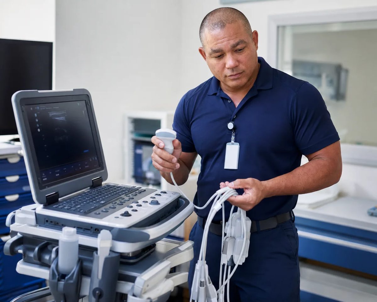 Biomedical equipment technician inspecting an ultrasound transducer probe beside an ultrasound imaging system Biomedical equipment technician inspecting an ultrasound transducer probe beside an ultrasound imaging system