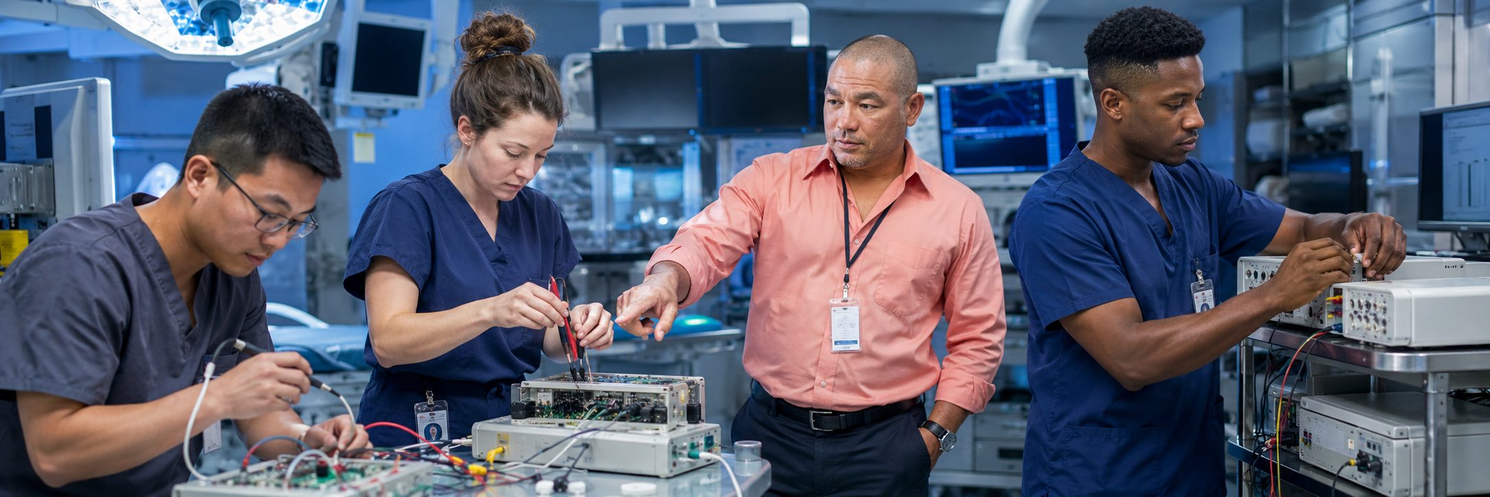 Infusion pump preventive maintenance and calibration | BiomedRx HTM services Biomedical technicians performing infusion pump preventive maintenance in an infusion suite
