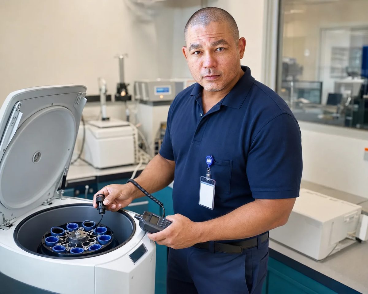 Biomedical equipment technician calibrating an open laboratory centrifuge with a handheld tachometer Biomedical equipment technician calibrating an open laboratory centrifuge with a handheld tachometer