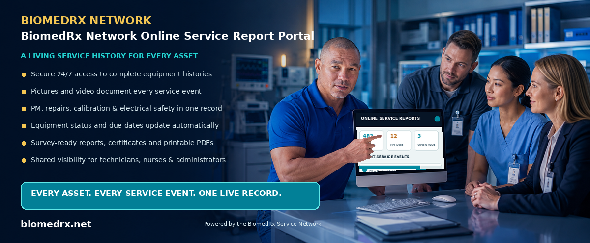 BiomedRx Network Online Service Report Portal — every service event, live in your secure online report portal; view a sample report